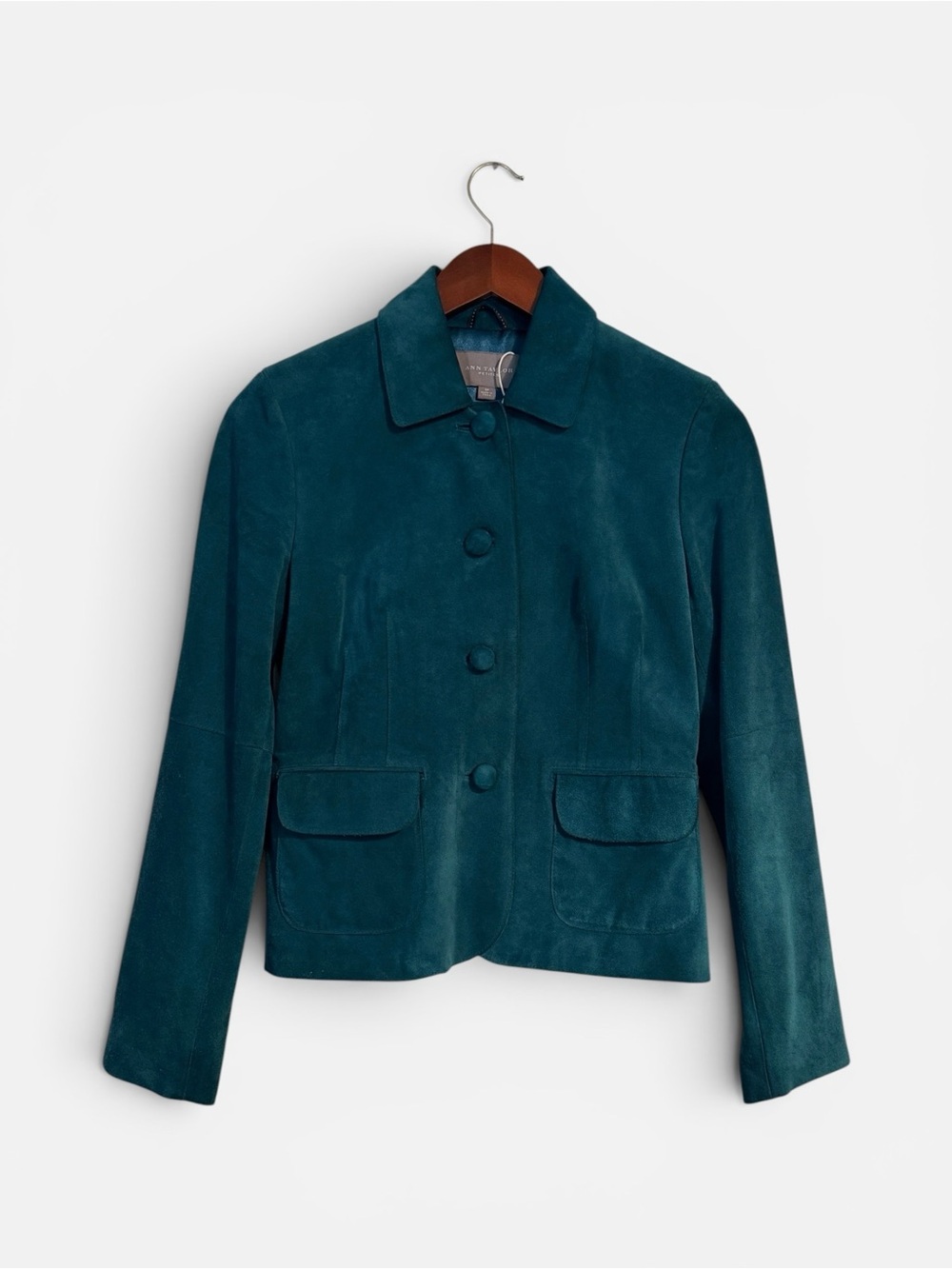 Ann Taylor Petites Genuine Suede Leather Teal Jacket SP Tailored Button Front